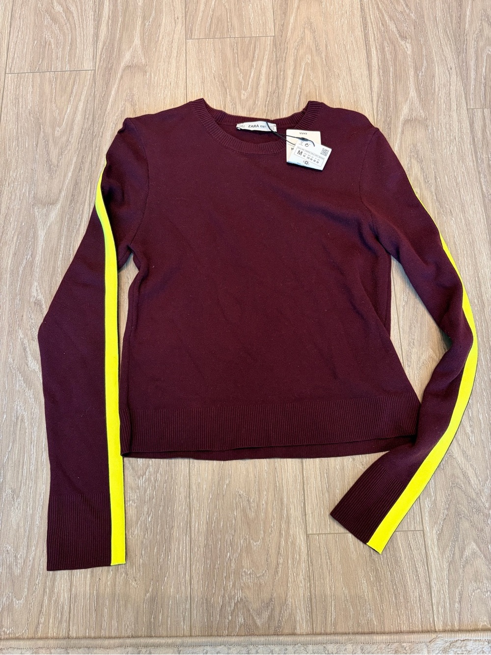 Zara Burgundy Crewneck Sweater with Yellow Sleeve Stripes